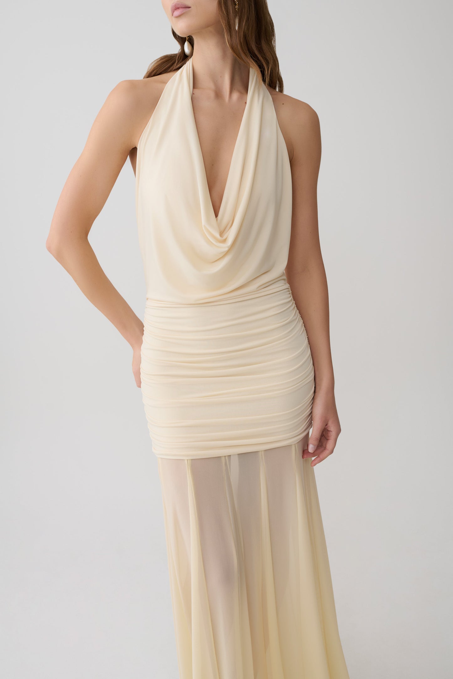 Jorja Draped Halter Slinky Maxi Dress - Ivory