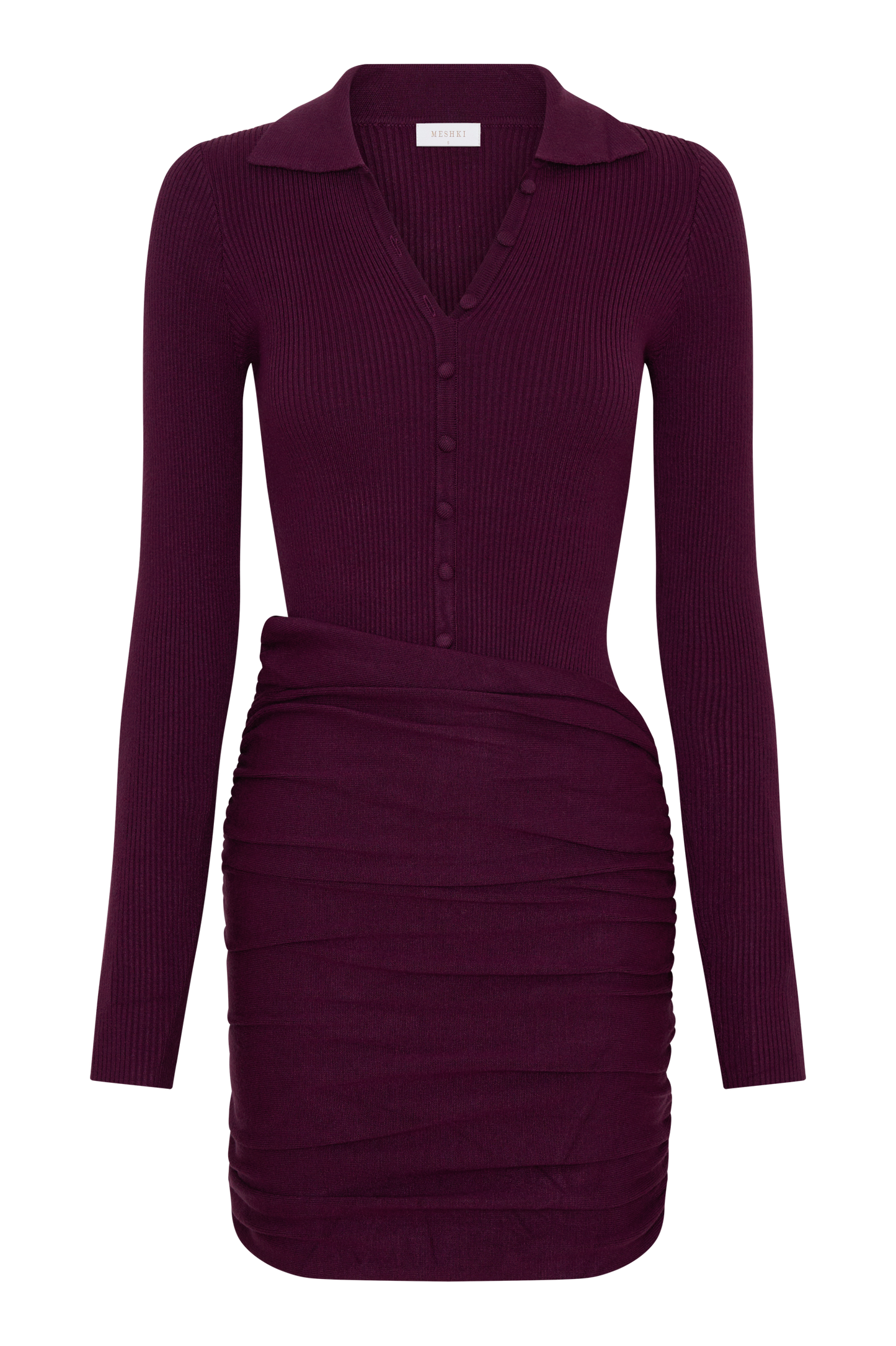 Agness Long Sleeve Button Up Knit Dress - Plum