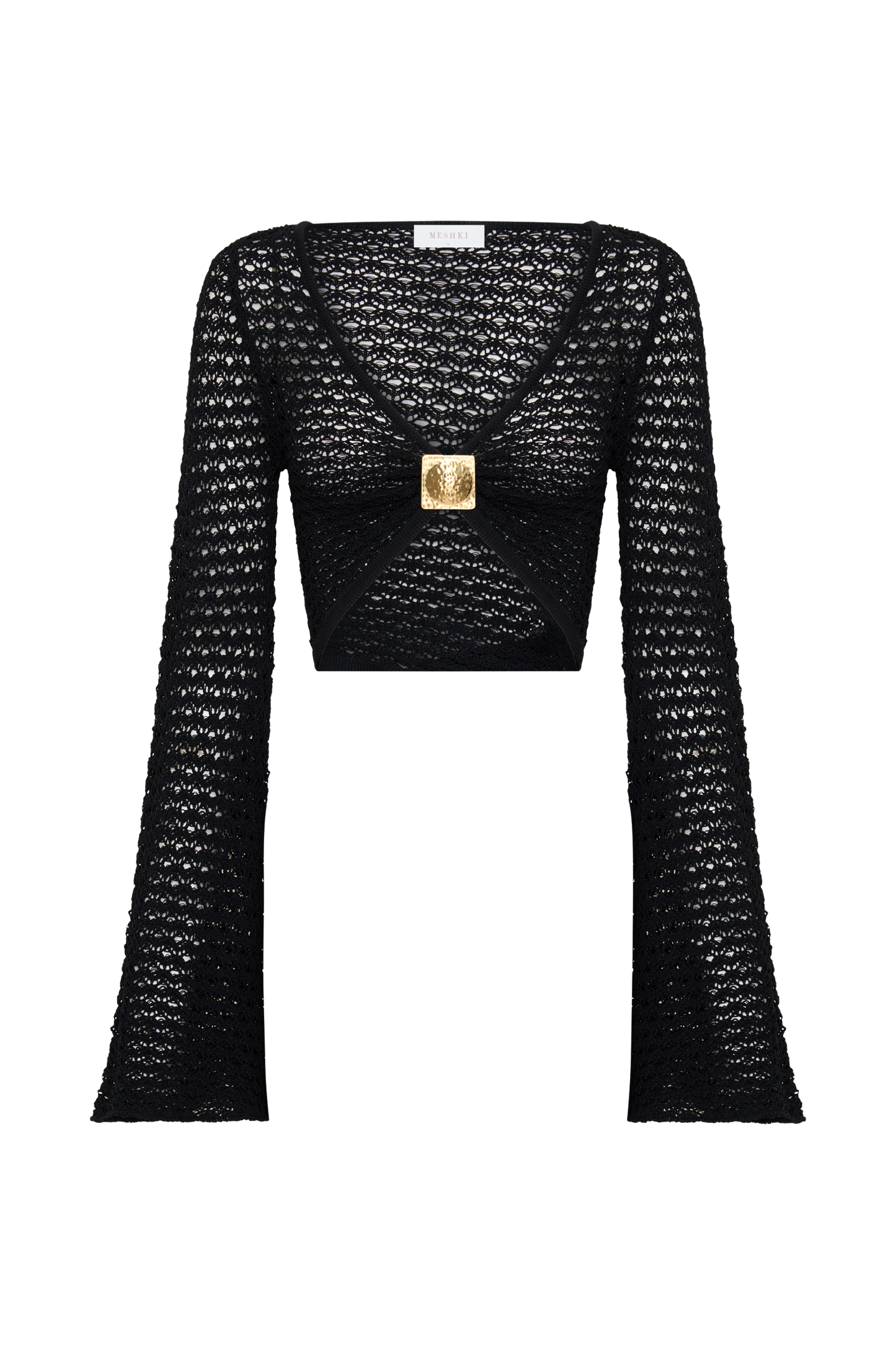 Mania Crochet Long Sleeve Cropped Top - Black