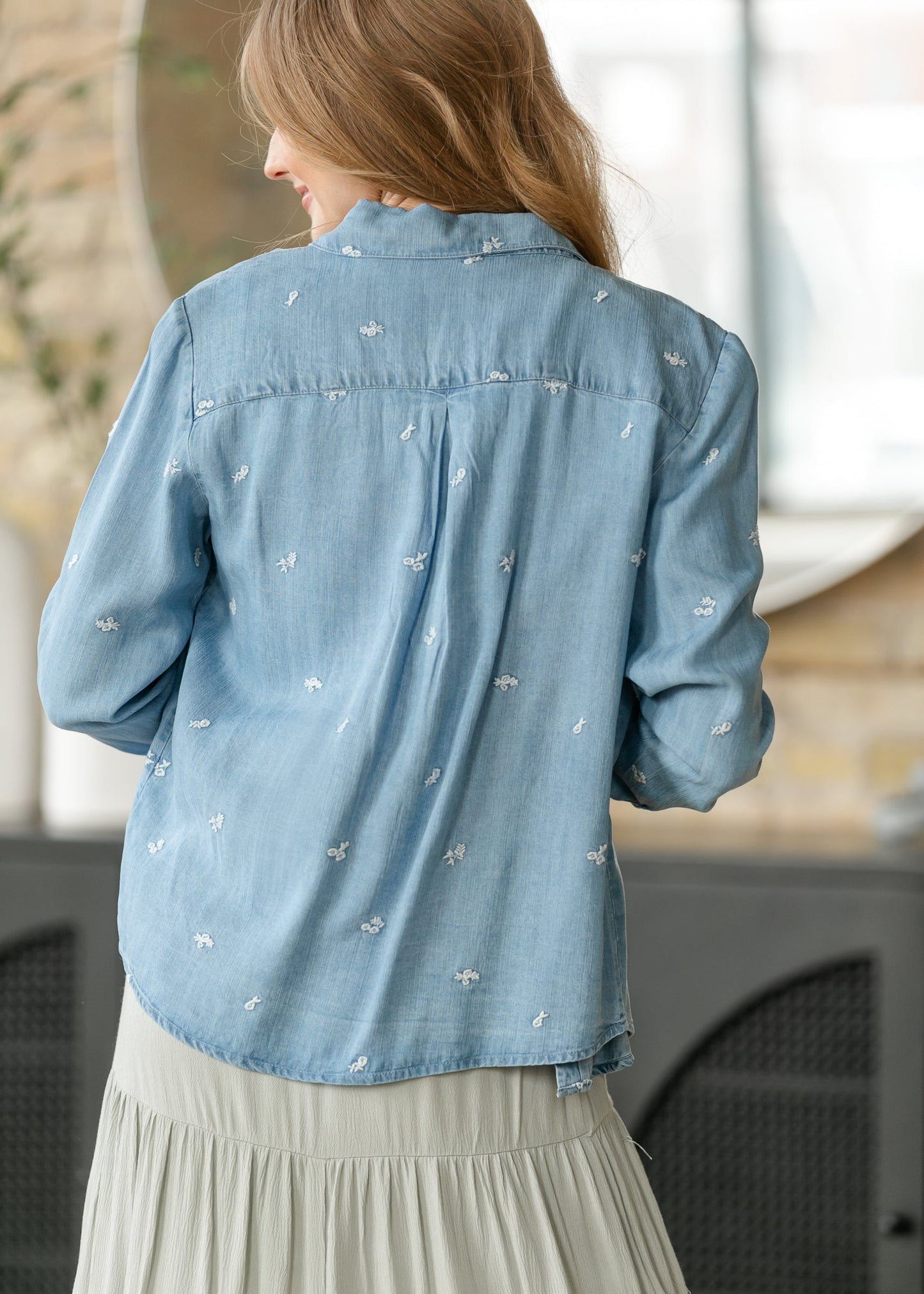 Embroidered Flower Button Front Shirt