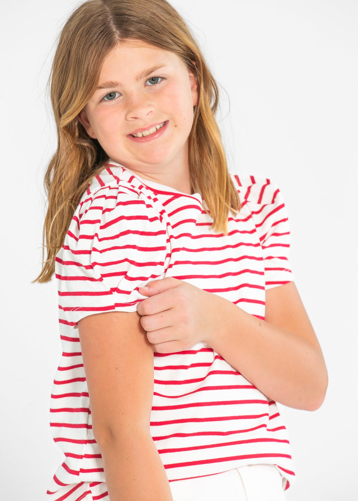 Girl's Pleated Puff Sleeve Stripe Knit T-Shirt