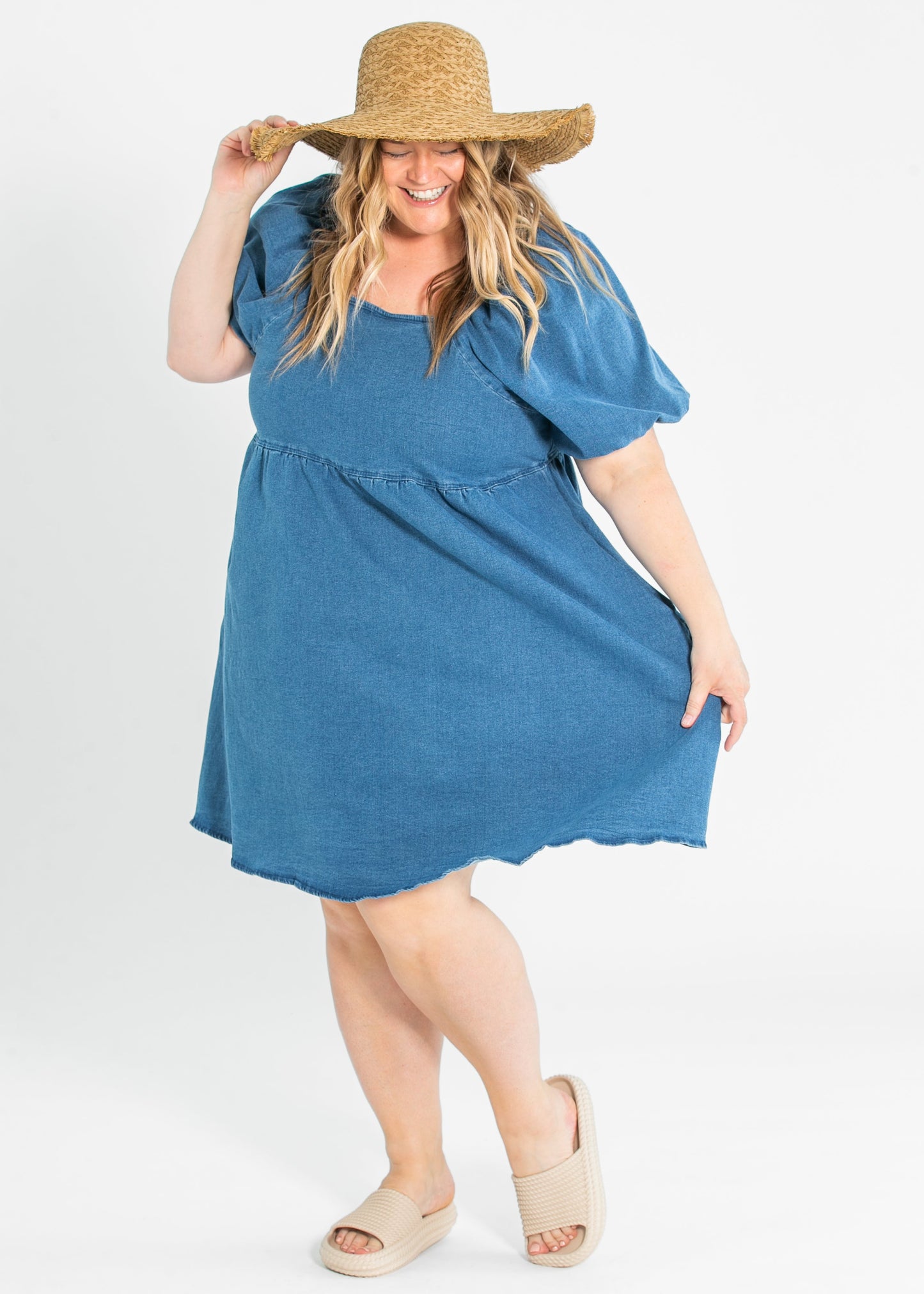 Jack Square Neck Puff Sleeve Denim Midi Dress - FINAL SALE