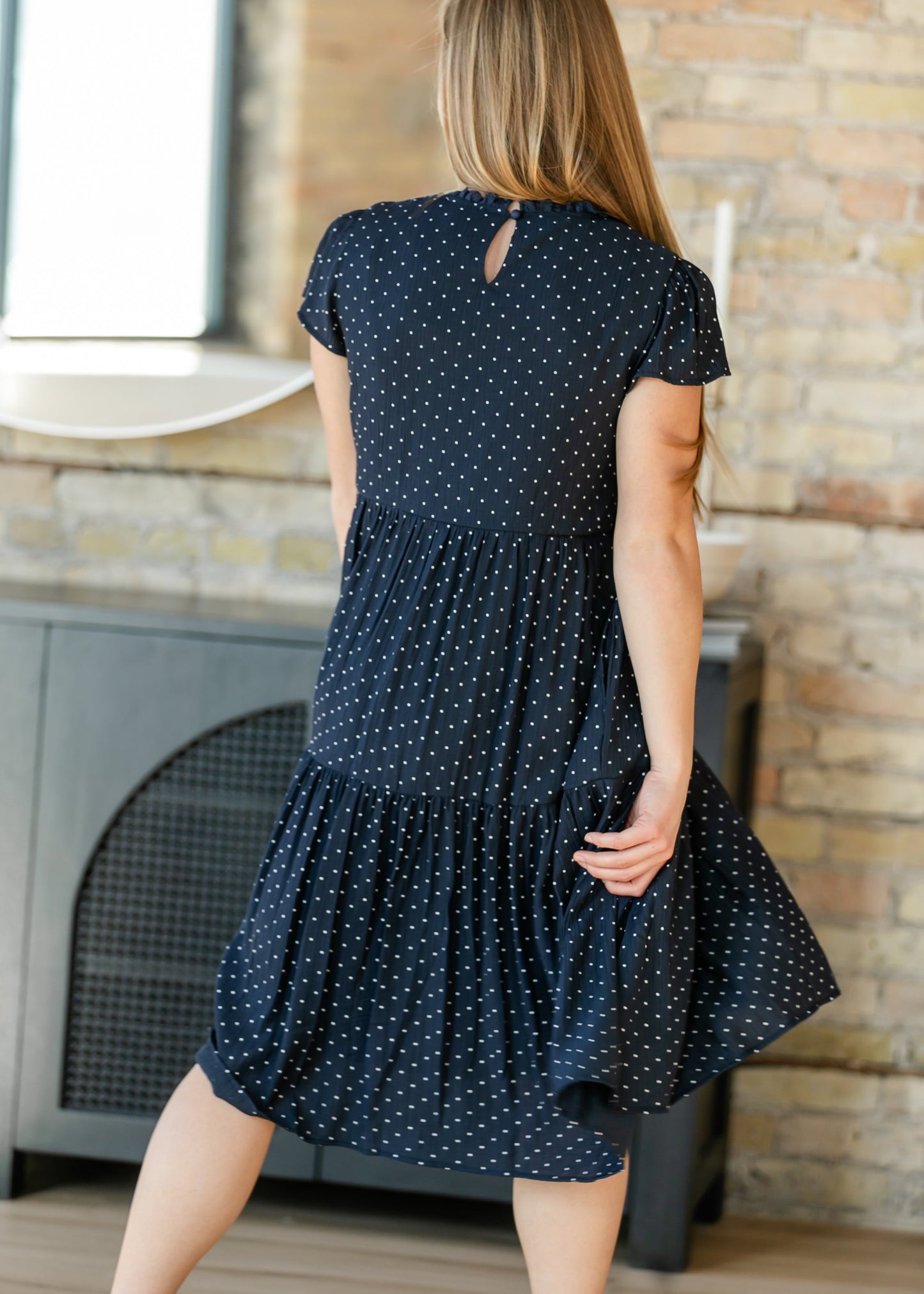Navy Polka Dot Tiered Midi Dress