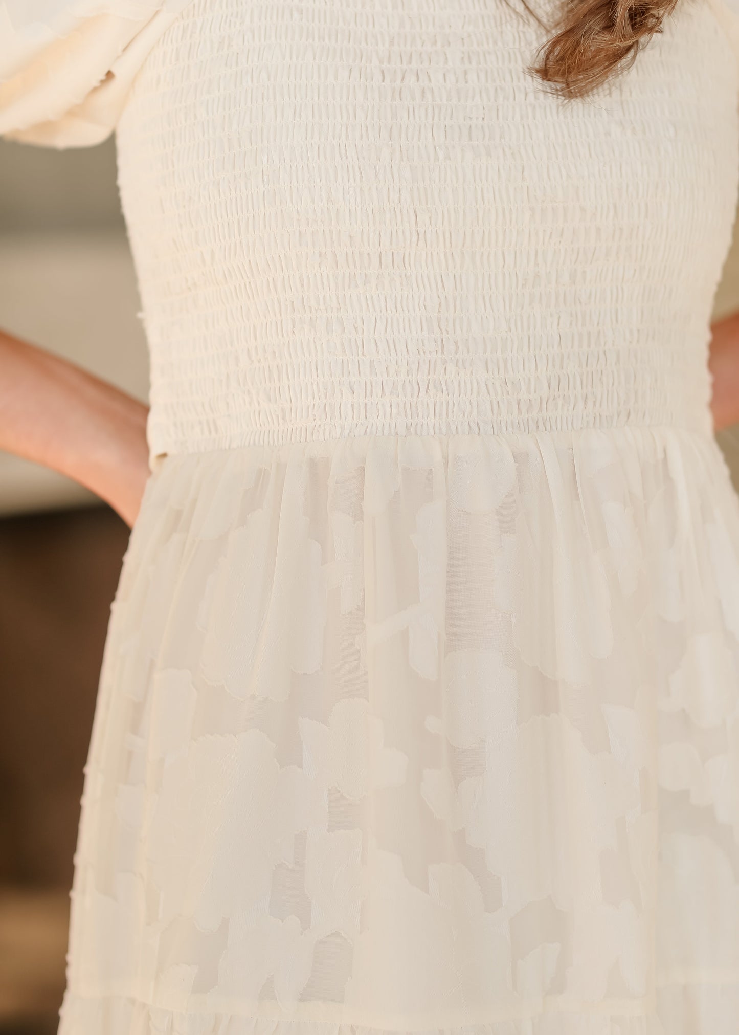 Smocked Bodice Short Sleeve Floral Applique Dress - FINAL SALE
