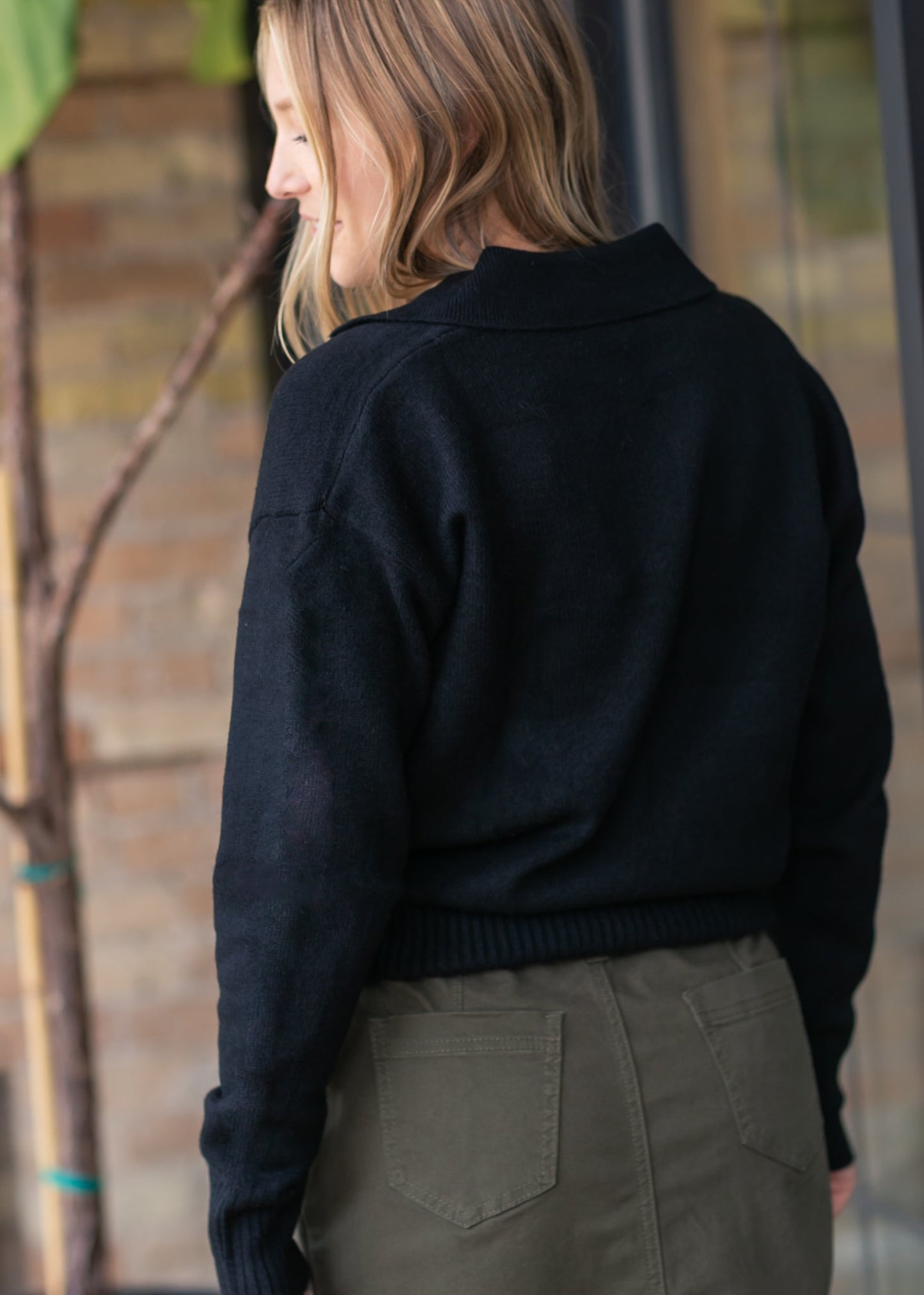elan V-neck Collared Black Sweater - FINAL SALE