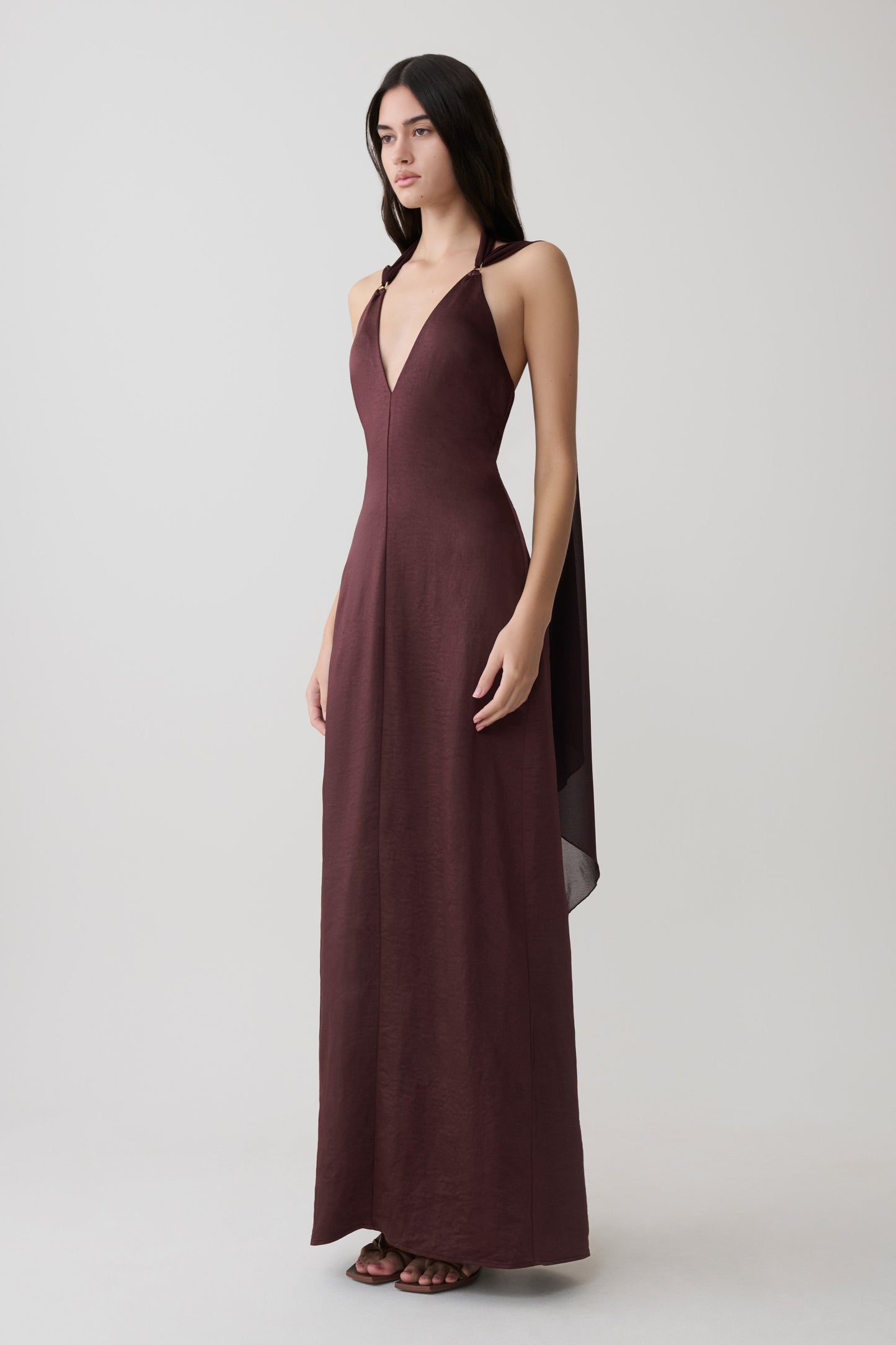 Myla Draped Shoulders Satin Maxi Dress - Chocolate