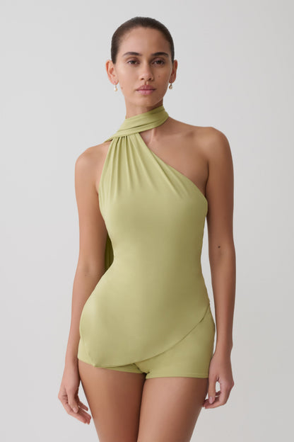 Jemma One Shoulder Tie Top - Apple Sage
