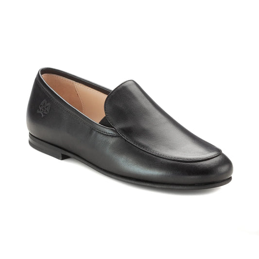 1346 - Classic Black Leather Boys Slip-on Loafers