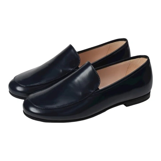 1346 - Navy Polished Leather Boys Slip on Flat Loafer