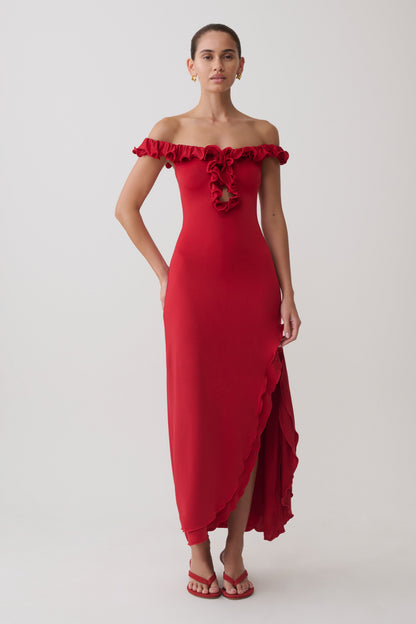 Allegra Off Shoulder Ruffle Midi Dress - Ruby