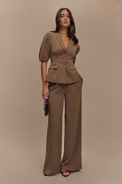 Opal Puff Sleeve Suiting Top - Cacao Brown