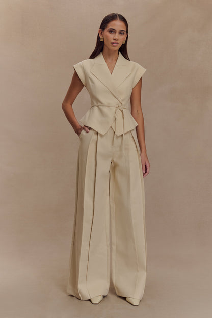 Raya Mid Rise Wide Leg Linen Pant - Natural Beige