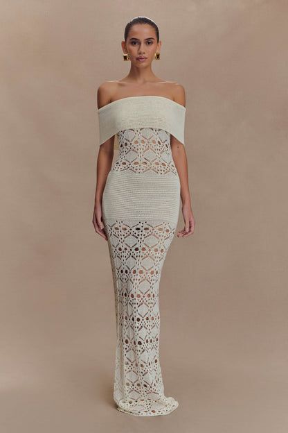 Solstice Off Shoulder Crochet Knit Maxi Dress - Ivory