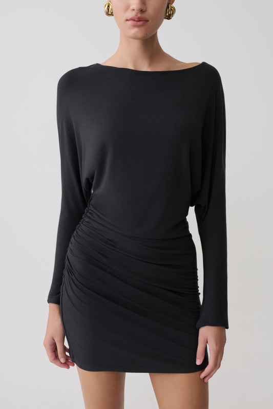 Thao Long Sleeve Gathered Mini Dress - Dark Charcoal