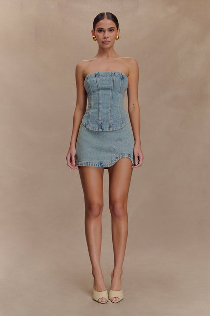 Alessia Embroidered Denim Mini Skirt - Light Vintage