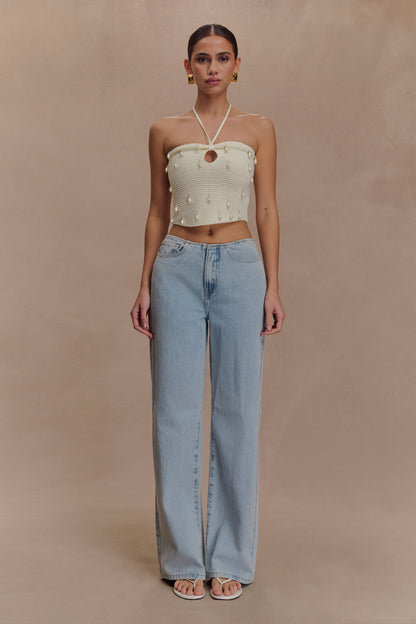 Aletta Knit Pearl Halter Top - Ivory