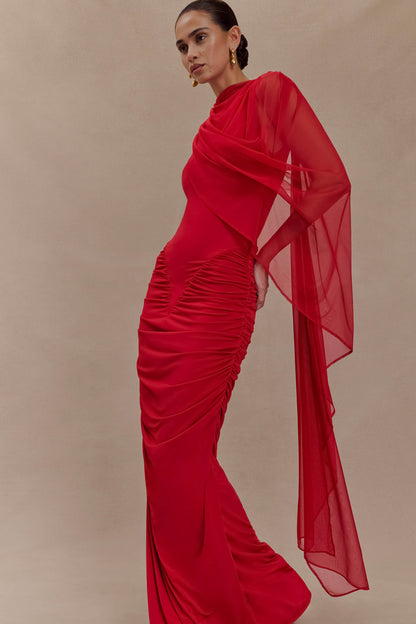 Amandine Ruched Slinky Maxi Dress - Ruby