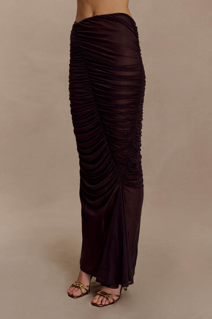 Matilda Ruched Mesh Maxi Skirt - Chocolate