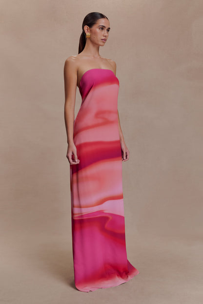 Amaya Strapless Chiffon Maxi Dress - Pink Sunset Print