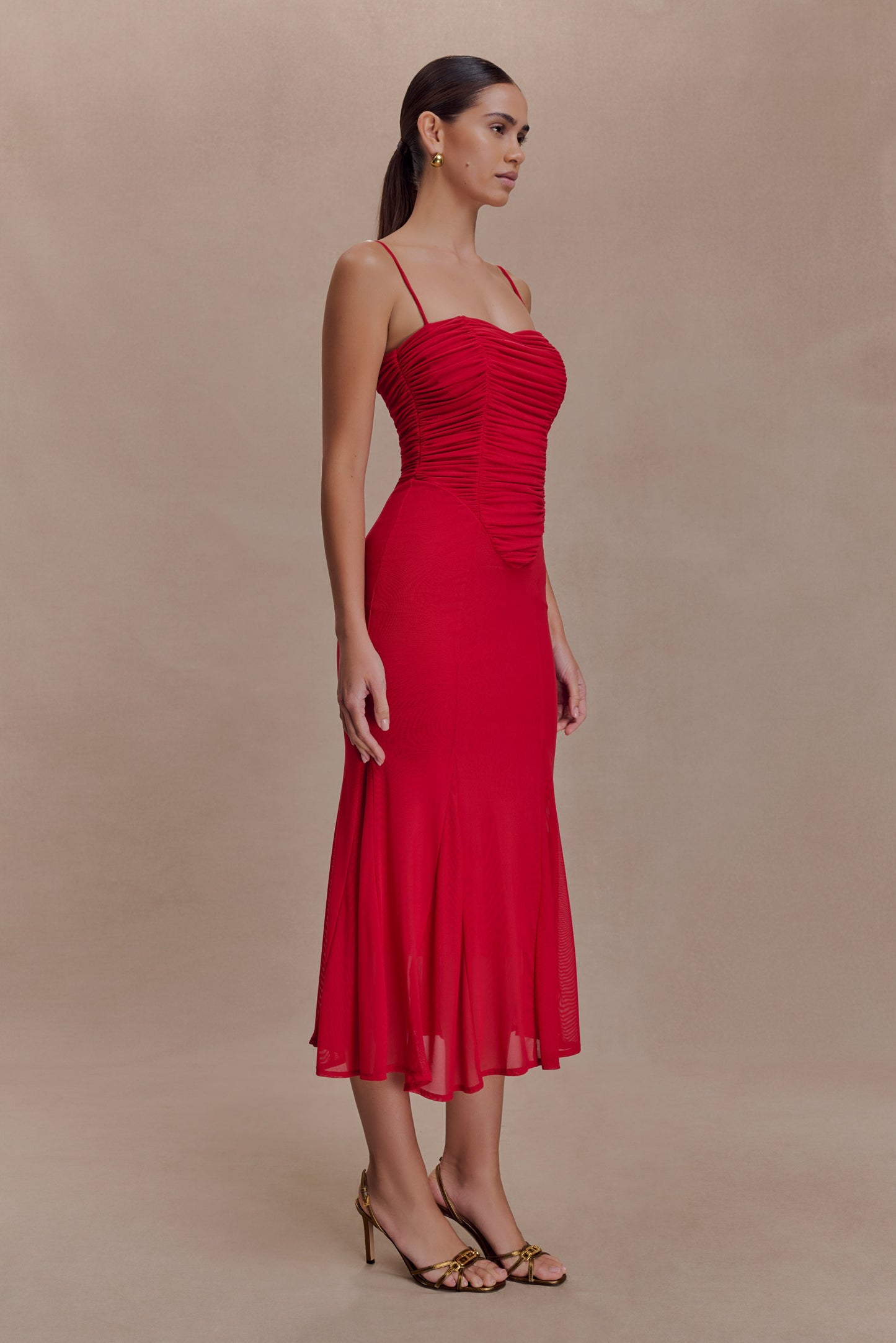 Willa Gathered Mesh Midi Dress - Ruby