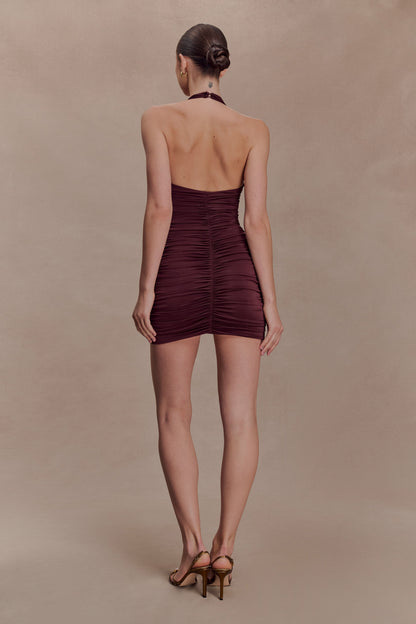 Fleur Ruched Slinky Mini Dress - Mahogany