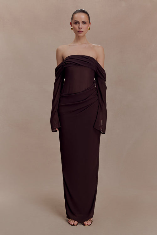 Kirsten Off Shoulder Chiffon Maxi Dress - Cacao Brown