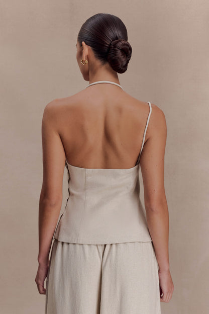 Gabby Asymmetrical Neckline Linen Beaded Top - Natural