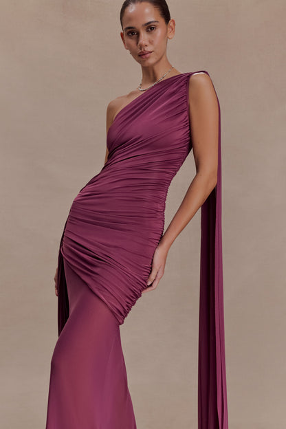 Asher Slinky One Shoulder Maxi Dress - Neutral Plum