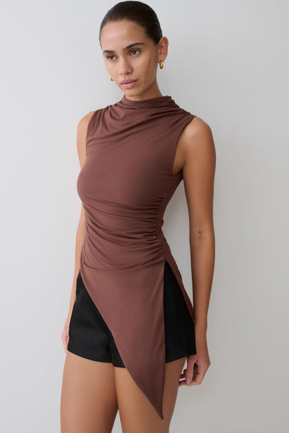 Suong High Neck Gathered Top - Mocha