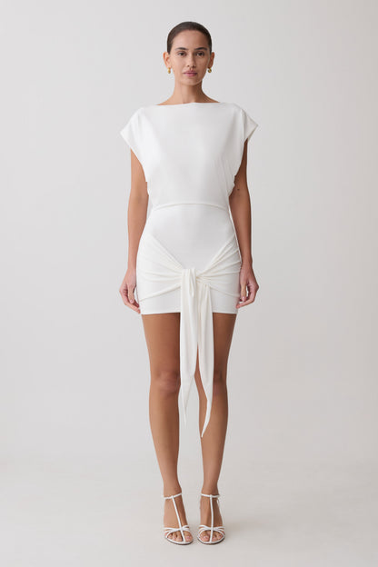 Maiara Shortsleeve Slinky Tie Mini Dress - White