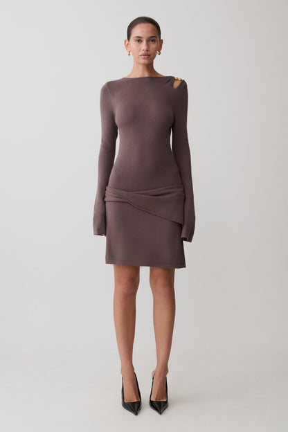 Cresida Knit Long Sleeve Mini Dress With Hardware - Peppercorn