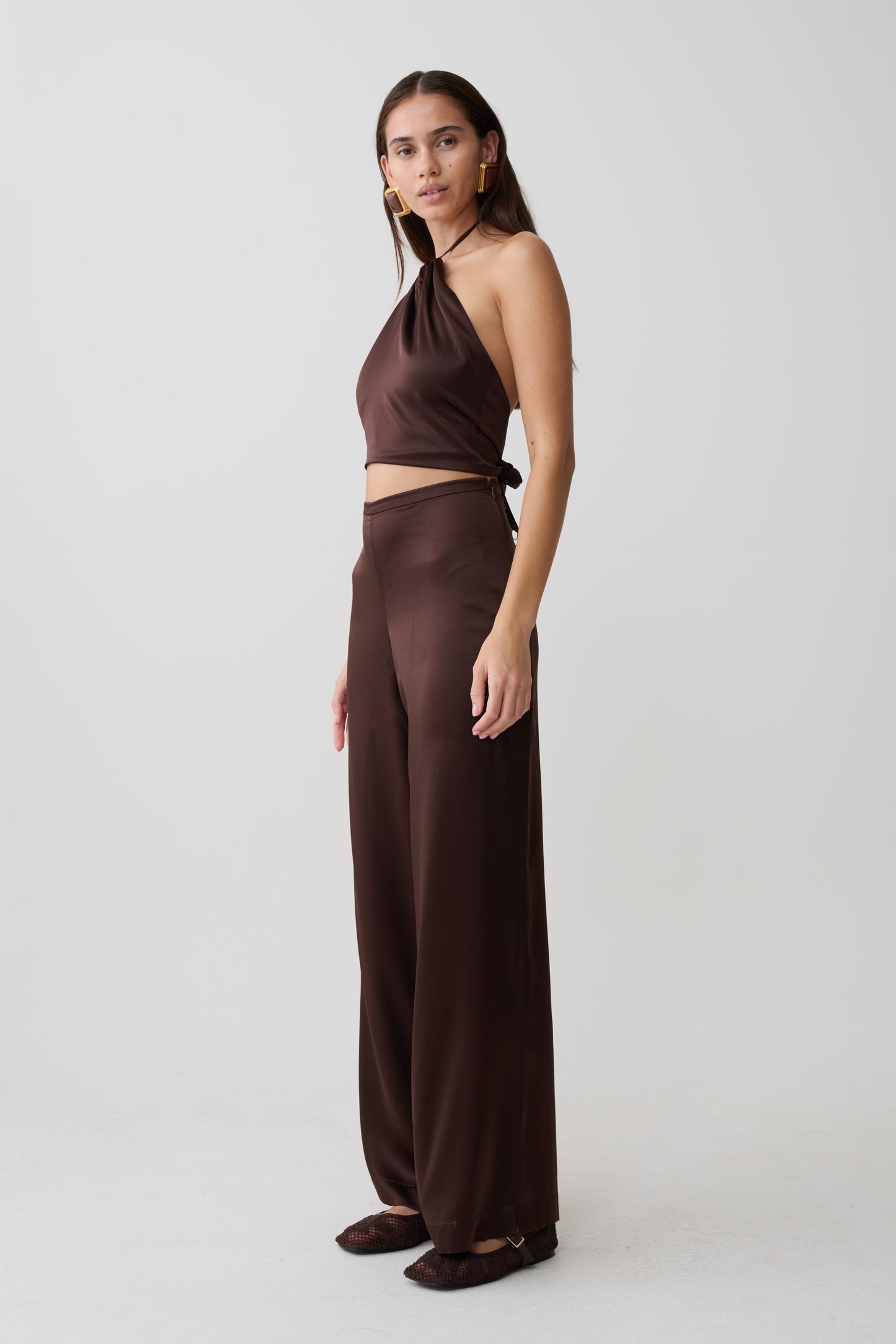 Kayla Silk Blend Straight Leg Pants - Dark Chocolate