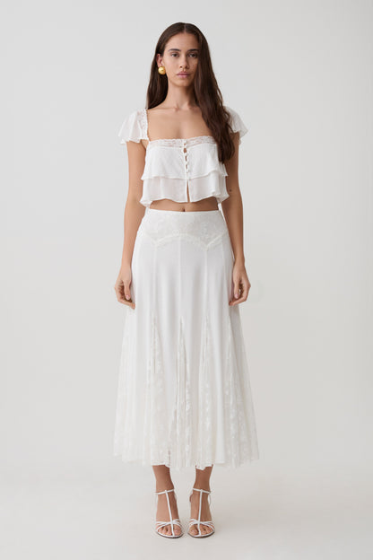 Skylar Lace Panelled Midi Skirt - White