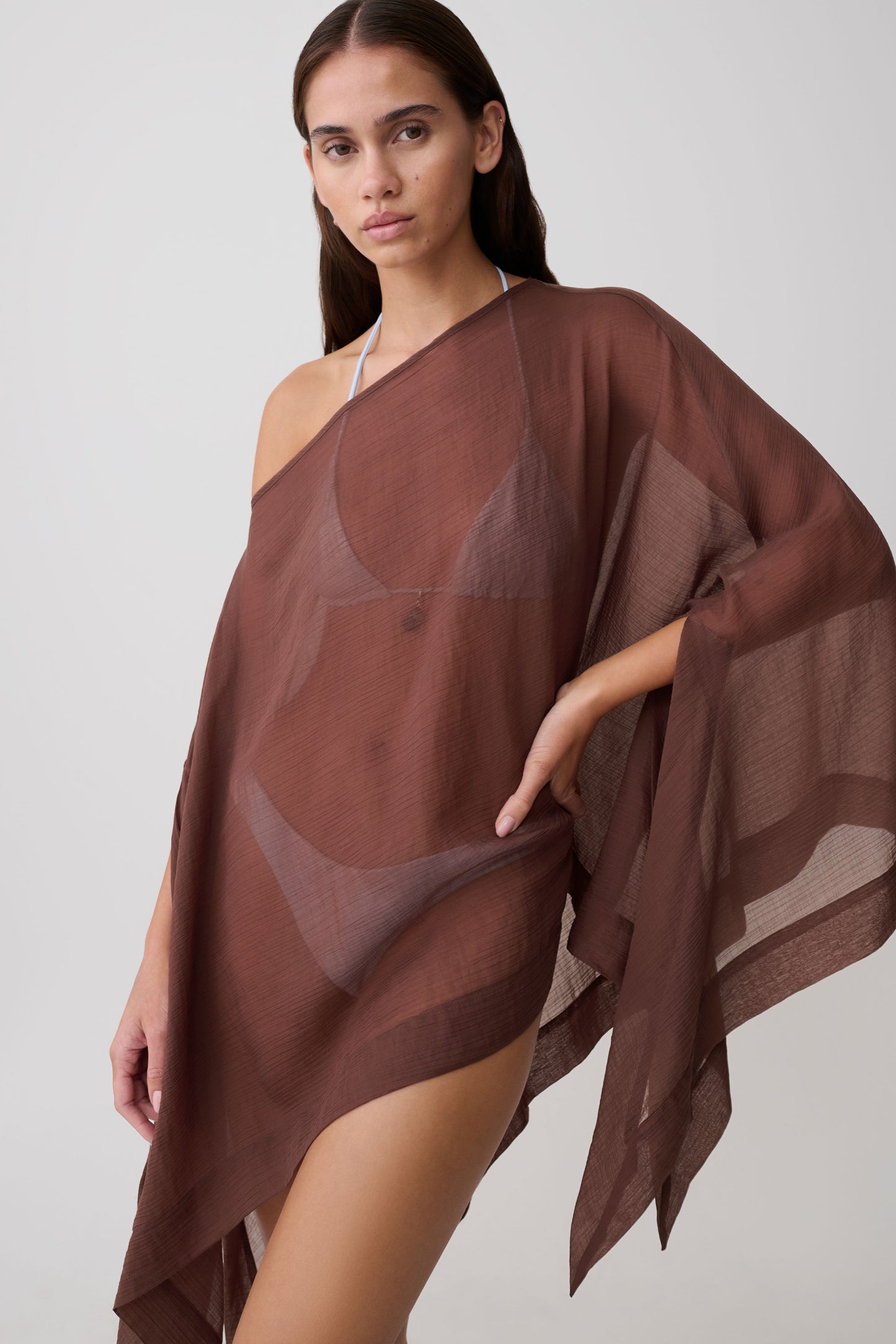 Leilani Sheer Draped Asymmetric Top - Chocolate