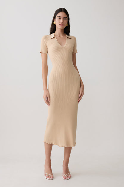 Nichelle Short Sleeve Collared Knit Midi Dress - Natural