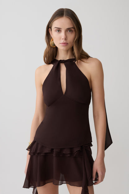Nora Halter Chiffon Top - Cacao Brown