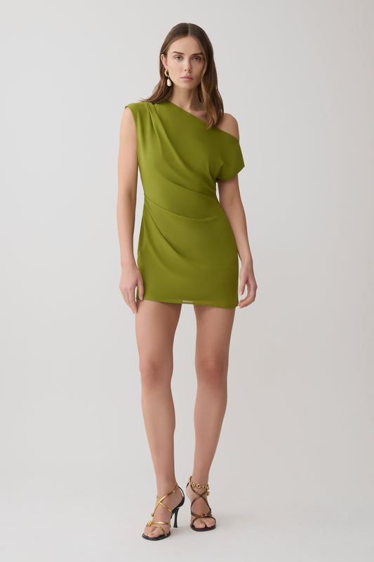 Hannah Asymmetric Neckline Mini Dress - Olive