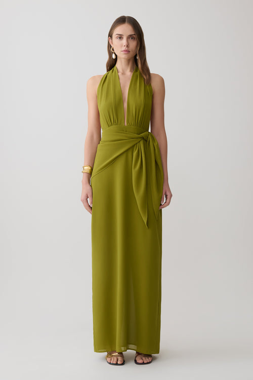 Gianna Satin Halter Maxi Dress - Olive
