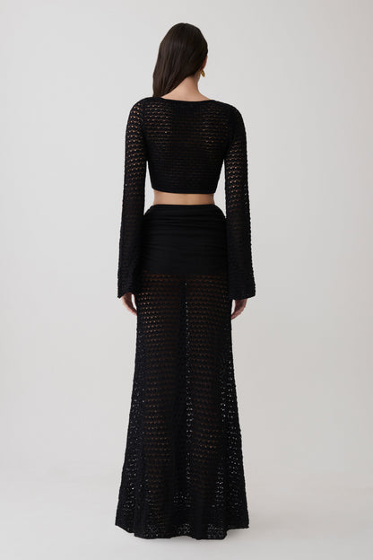 Mania Crochet Long Sleeve Cropped Top - Black