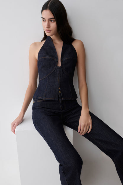 Rema Halter Longline Denim Top - Washed Indigo Blue