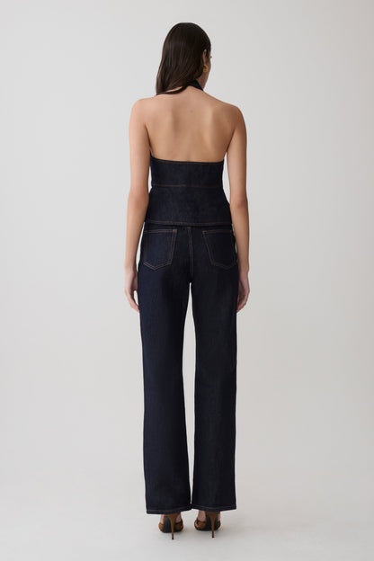 Rema Halter Longline Denim Top - Washed Indigo Blue