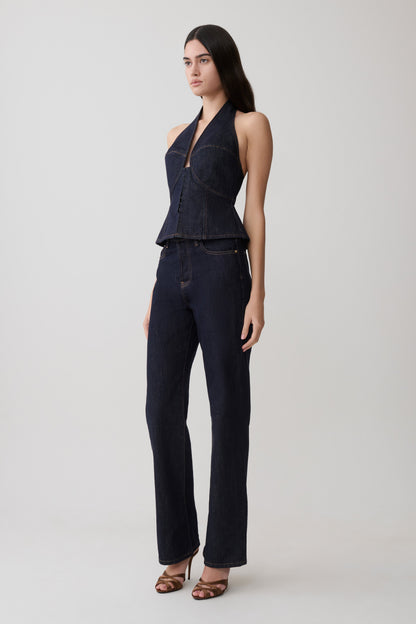 Rema Halter Longline Denim Top - Washed Indigo Blue