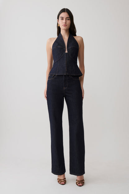 Rema Halter Longline Denim Top - Washed Indigo Blue