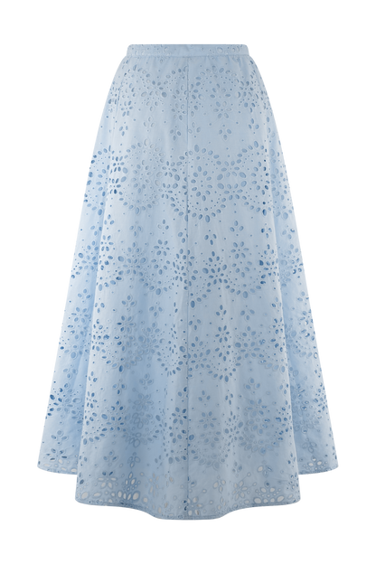 Arla Broderie Midi Skirt - Pale Cornflower Blue