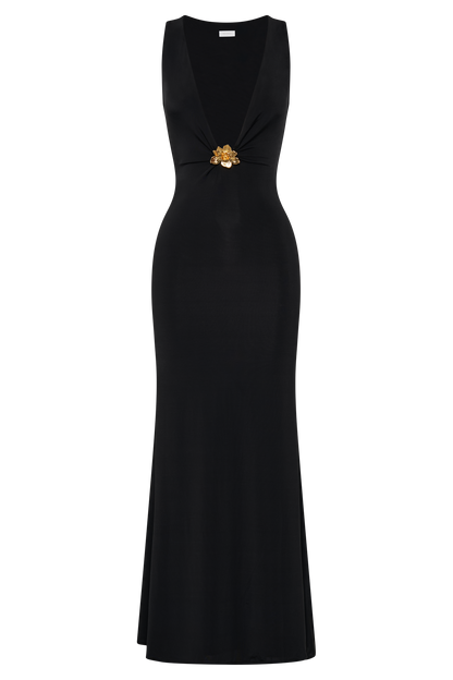 Beck Plunge Maxi Dress With Floral Hardware - Black