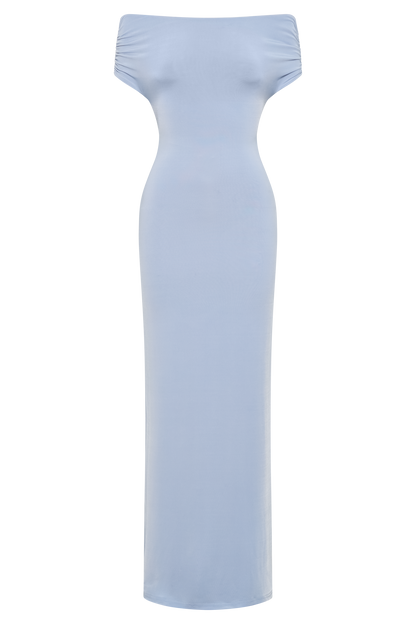 Imogen Off Shoulder Slinky Maxi Dress - Dusty Blue