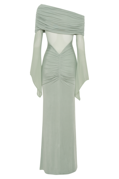 Kaitlin One Shoulder Slinky And Mesh Maxi Dress - Basil