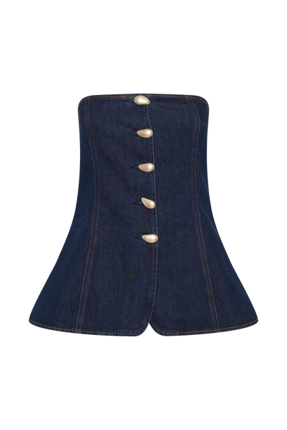Lennox Strapless Long Line Button Top - Indigo Blue