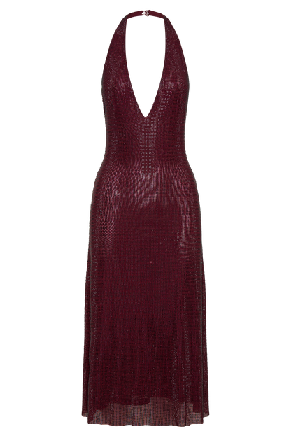 Genie Diamante Halter Midi Dress - Mahogany