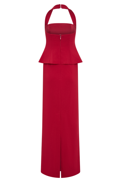 Bertie Peplum Halter Maxi Dress - Ruby